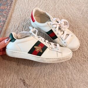 Gucci Leather Sneakers with Red & Green Stripe and Gold Bee Embroidery, Size 34